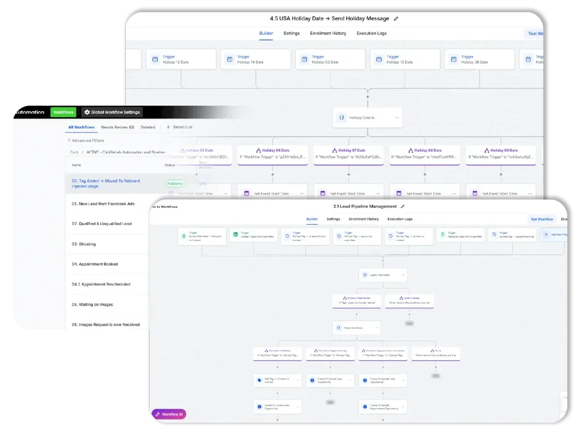 GoHighLevel workflow builder screens showing triggers, branches and follow-up steps