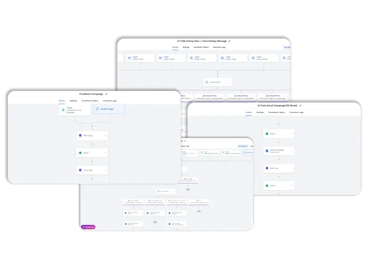 Campaign workflow screens for email and SMS nurture sequences