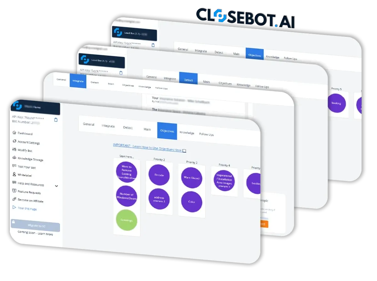 CloseBot AI bot settings showing objectives, knowledge and follow-up tabs